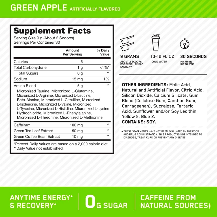 Аминокислоты Optimum Nutrition Essential Amino Energy Green Apple 270г